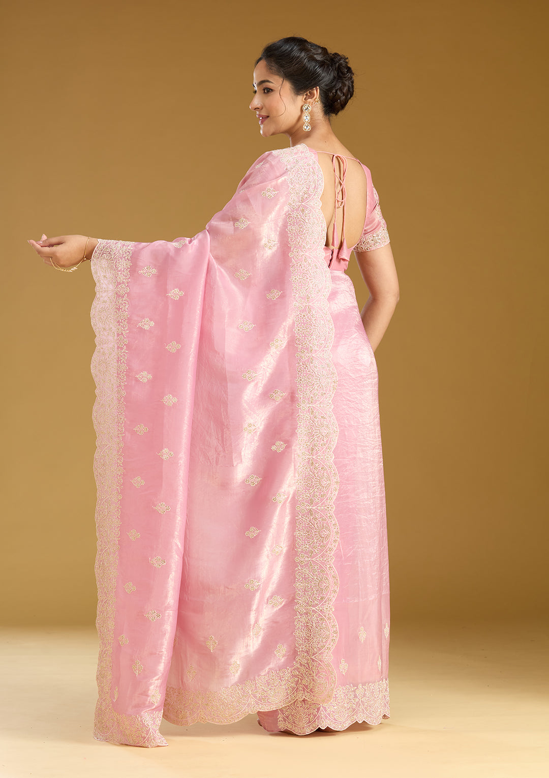 Onion Pink Threadwork Organza Saree