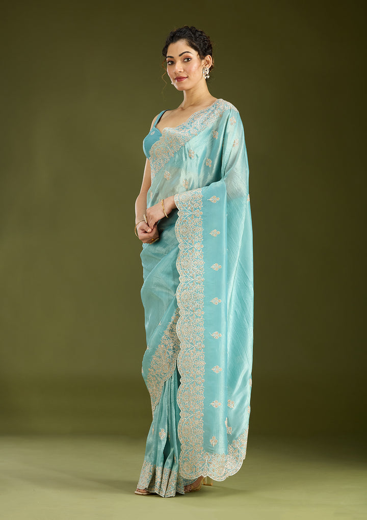 Sky Blue Threadwork Organza Saree
