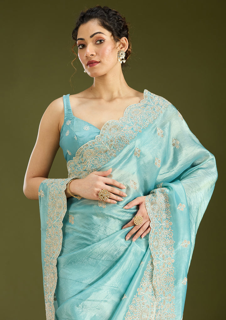Sky Blue Threadwork Organza Saree