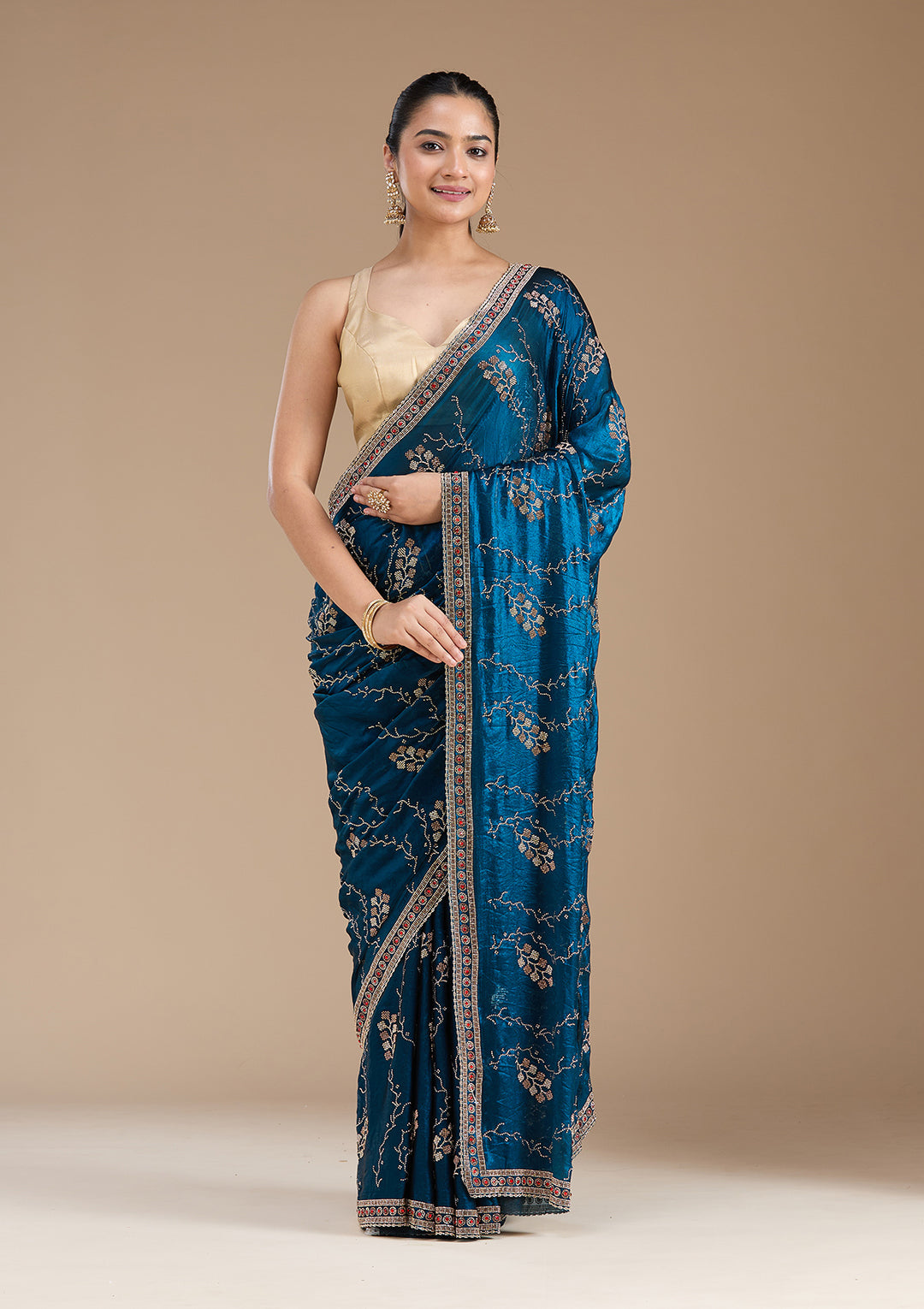 Royal Blue Stonework (Gold) Tissue Saree
