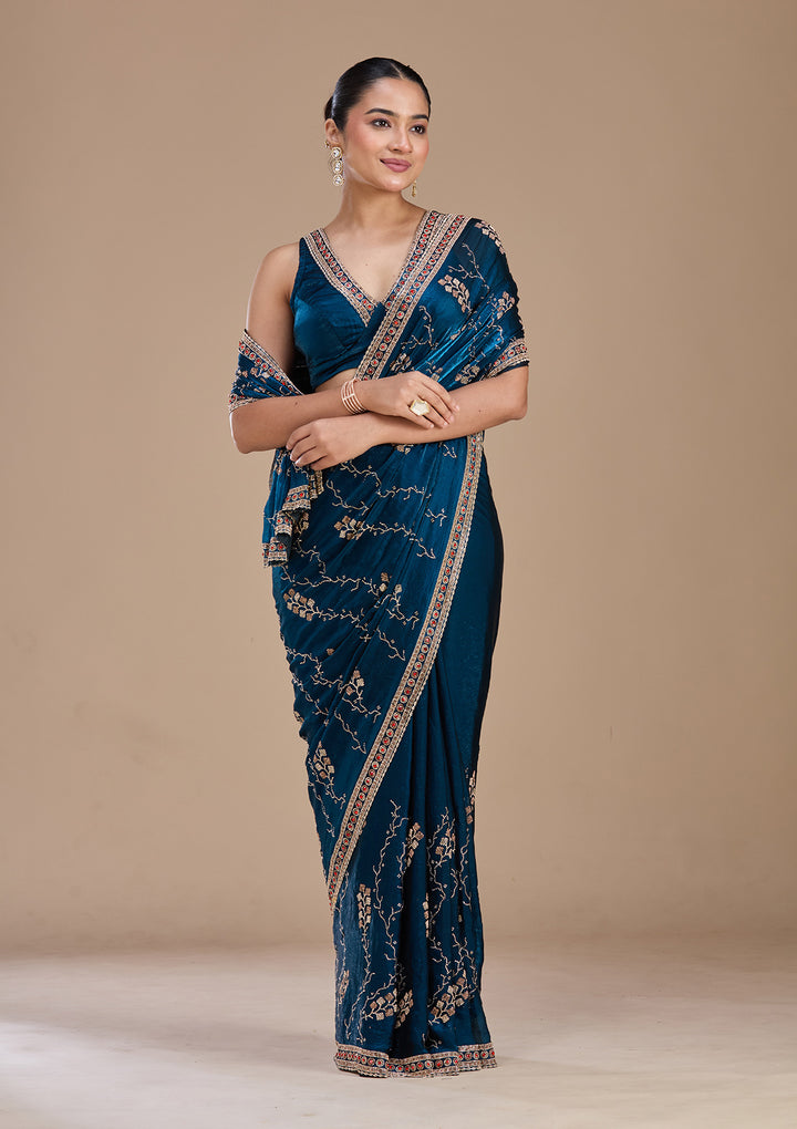 Royal Blue Stonework (Gold) Tissue Saree