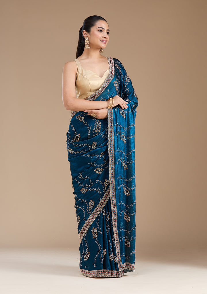 Royal Blue Stonework (Gold) Tissue Saree