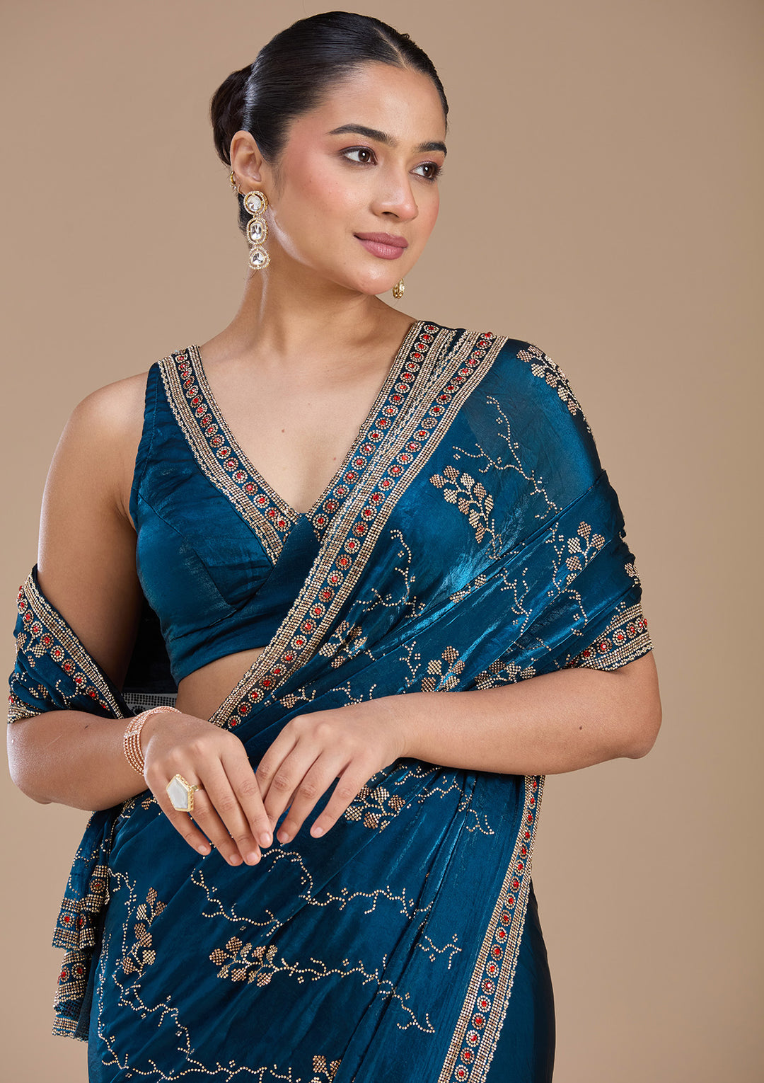 Royal Blue Stonework (Gold) Tissue Saree