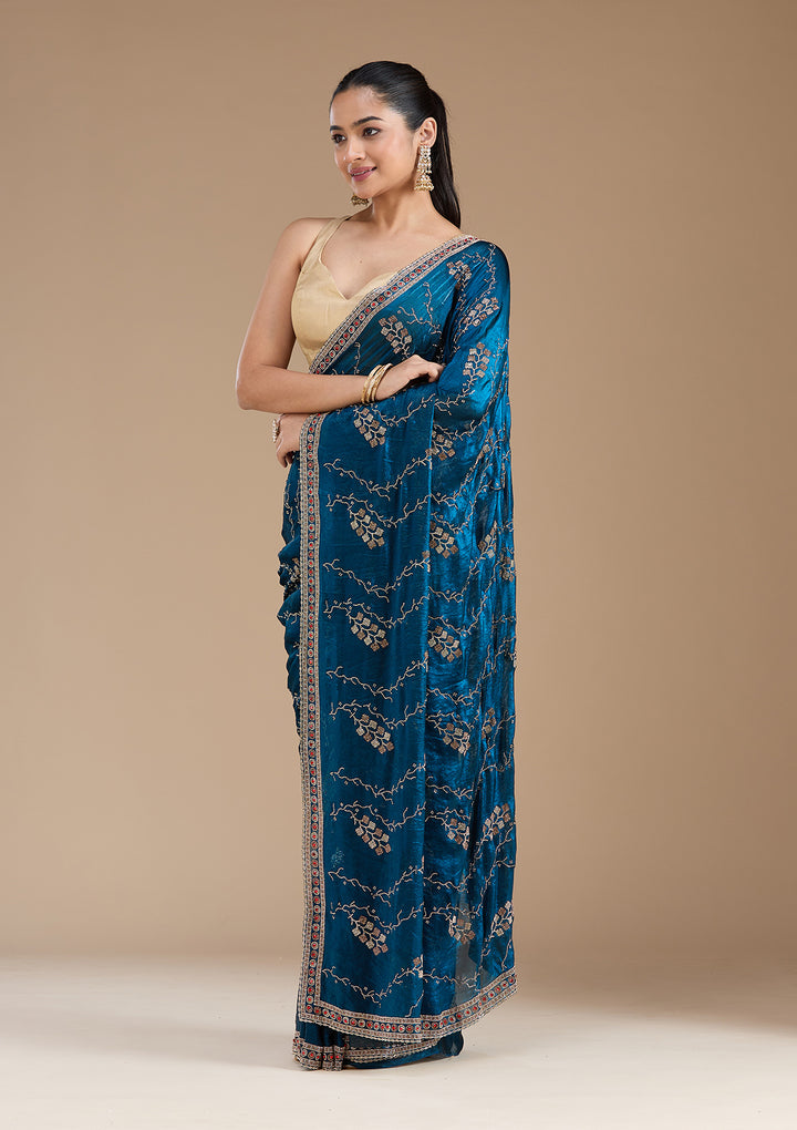 Royal Blue Stonework (Gold) Tissue Saree