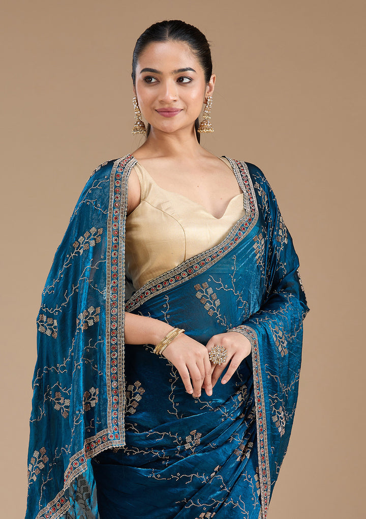 Royal Blue Stonework (Gold) Tissue Saree