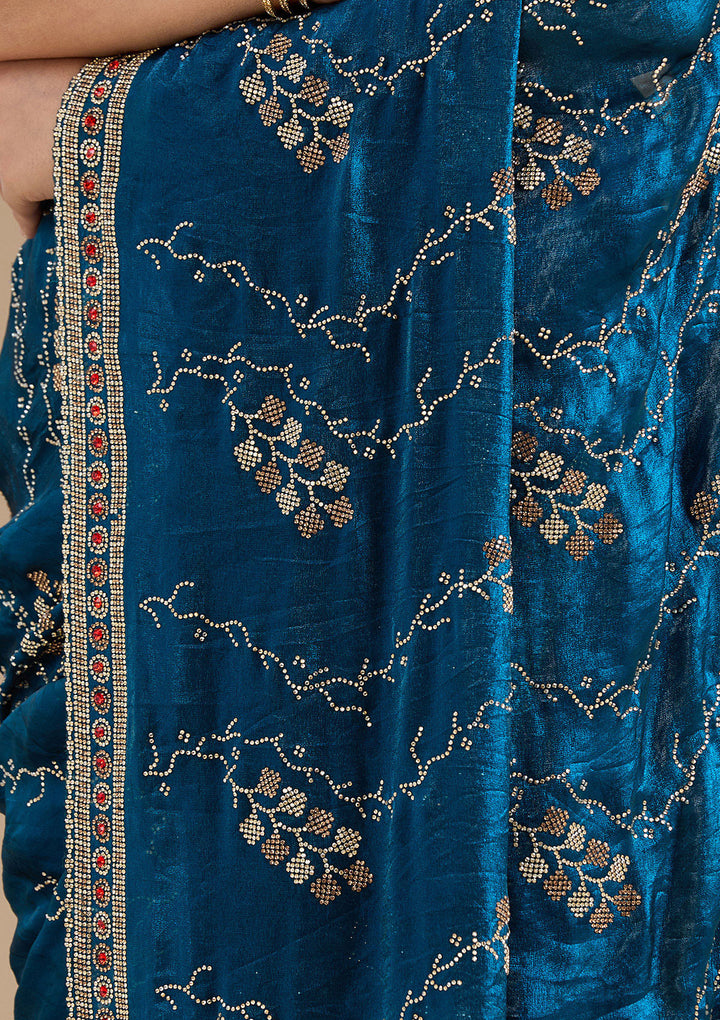 Royal Blue Stonework (Gold) Tissue Saree
