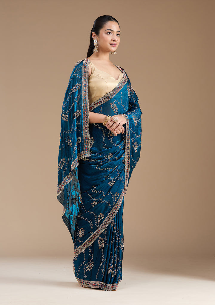 Royal Blue Stonework (Gold) Tissue Saree