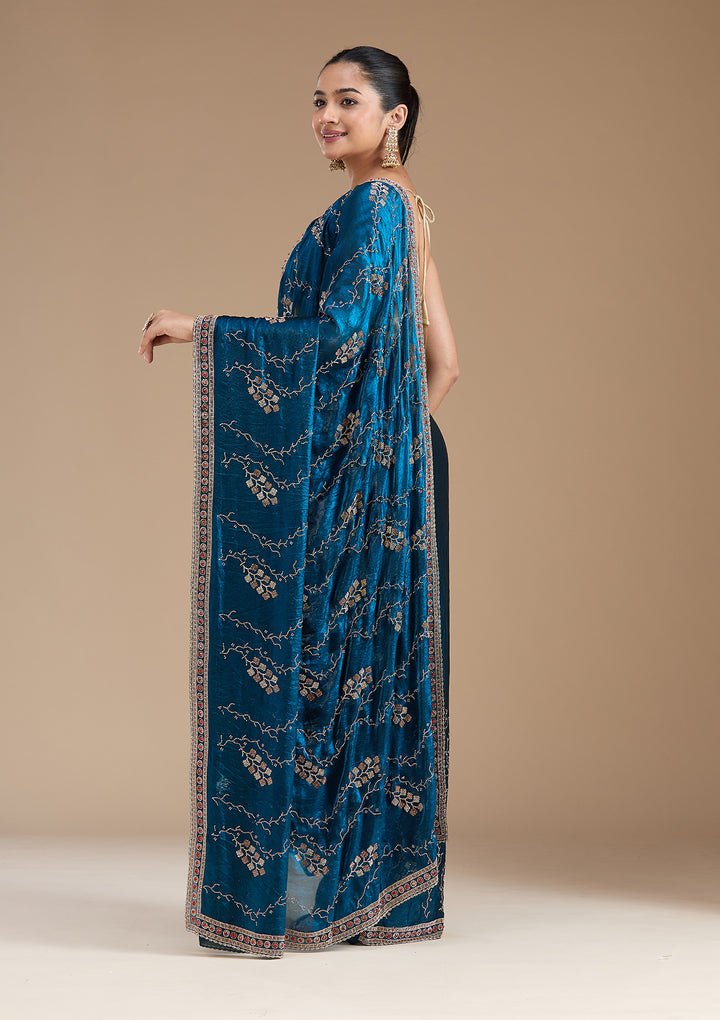 Royal Blue Stonework (Gold) Tissue Saree