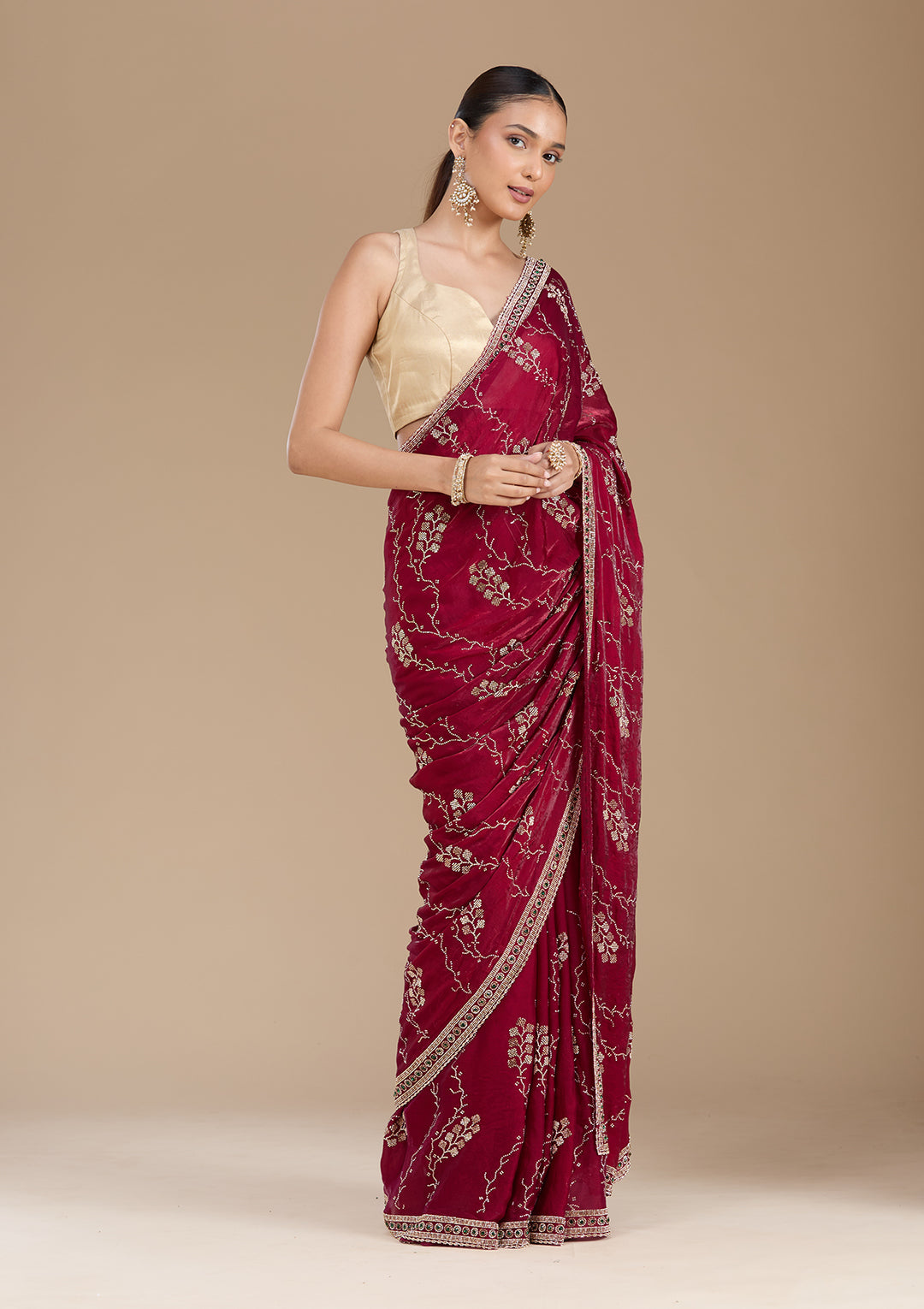 Wine Stonework (Gold) Tissue Saree