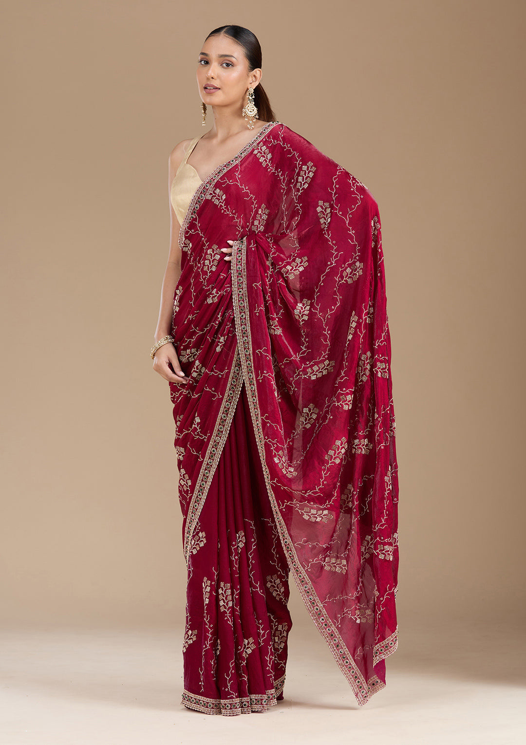 Wine Stonework (Gold) Tissue Saree