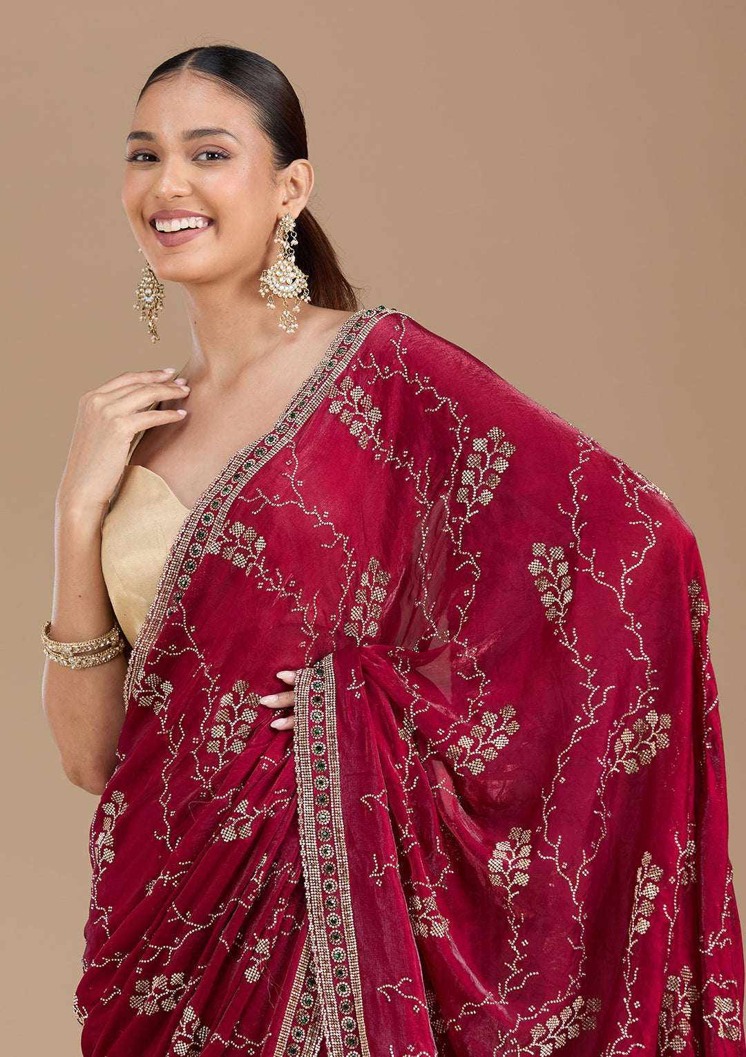 Wine Stonework (Gold) Tissue Saree