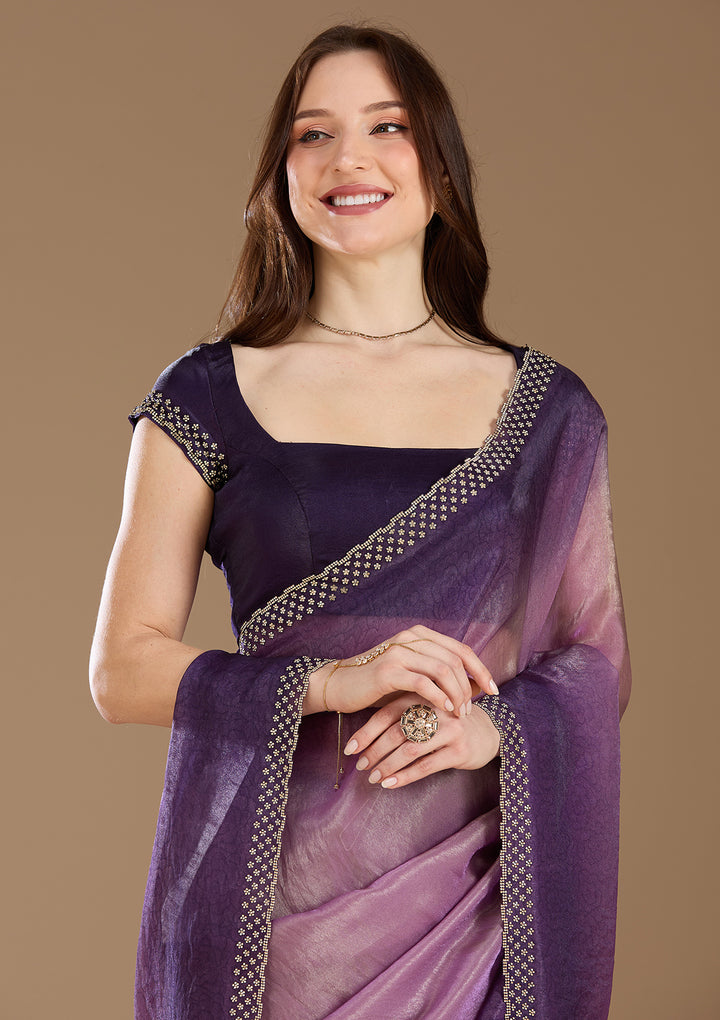 Lavender Stonework (Gold) Organza Saree