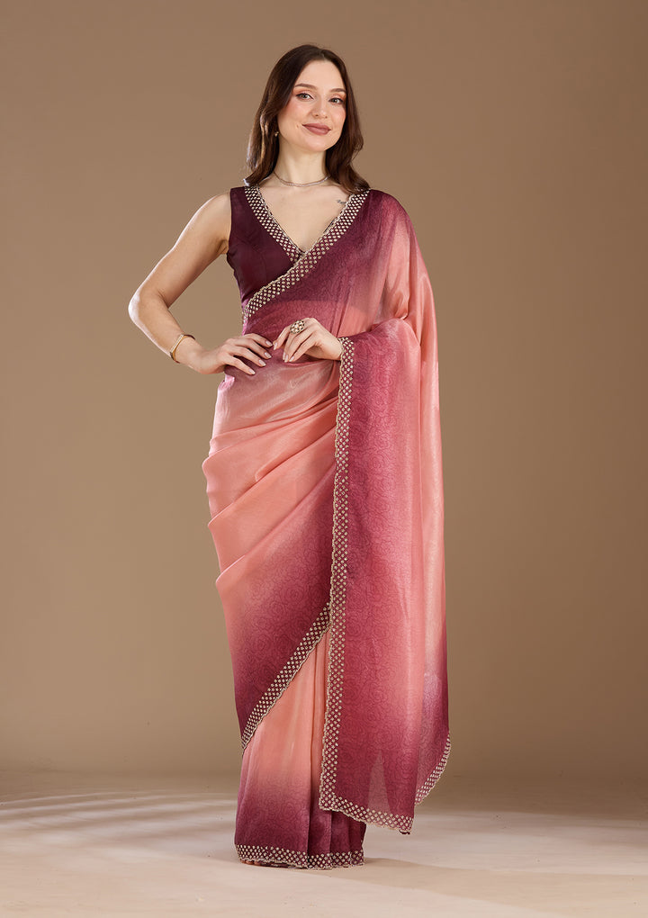 Peach Stonework (Gold) Organza Saree
