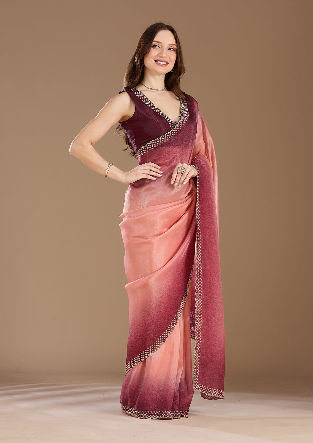Peach Stonework (Gold) Organza Saree