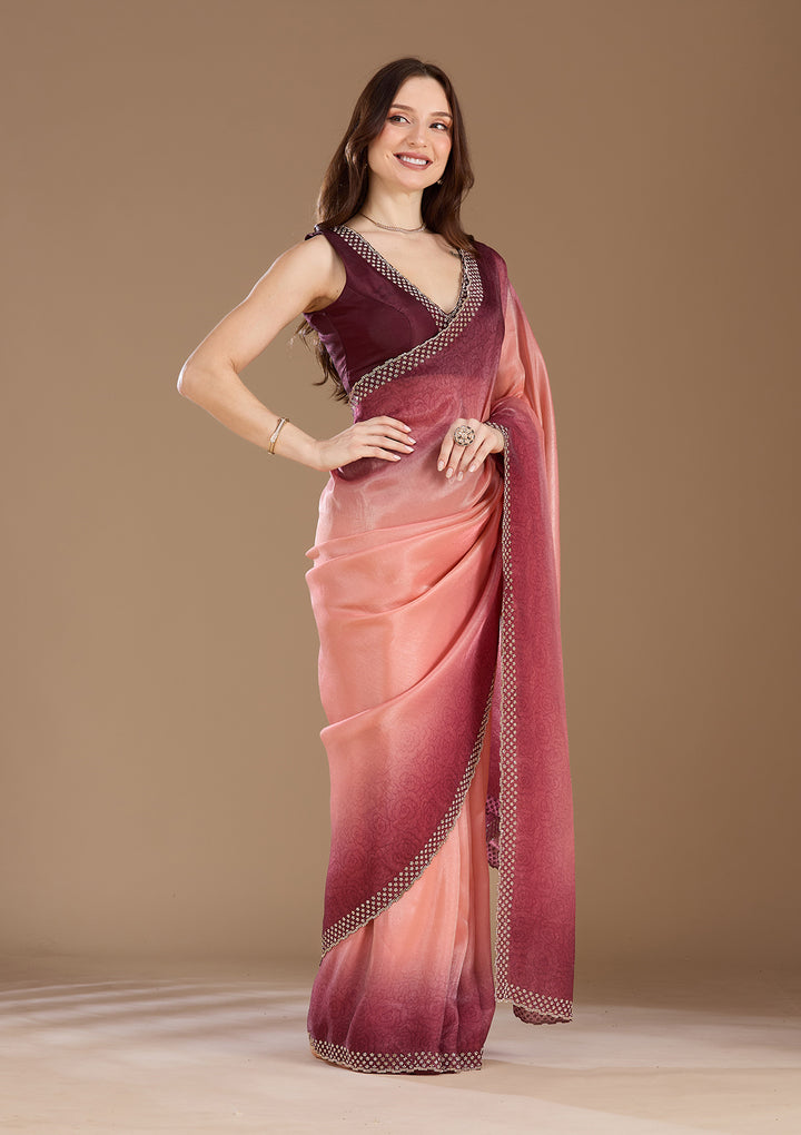 Peach Stonework (Gold) Organza Saree