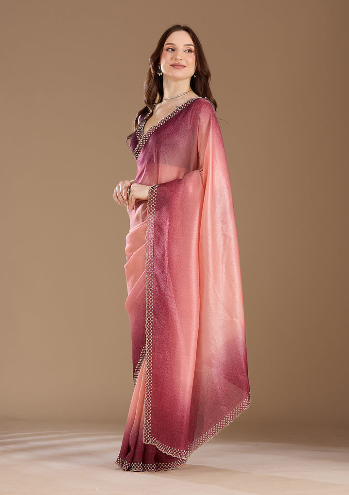 Peach Stonework (Gold) Organza Saree
