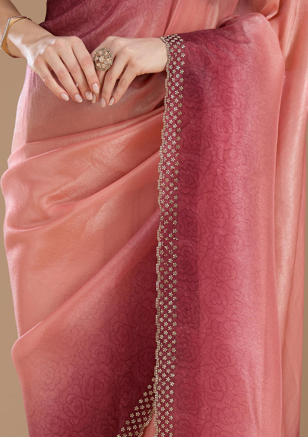 Peach Stonework (Gold) Organza Saree