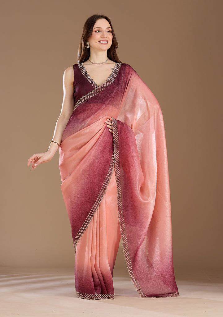 Peach Stonework (Gold) Organza Saree