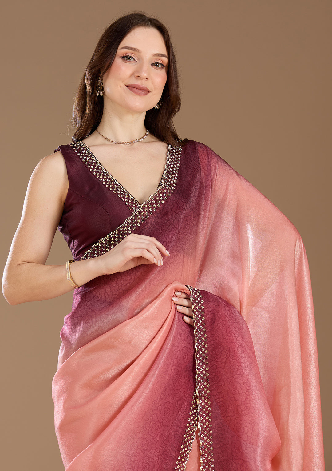 Peach Stonework (Gold) Organza Saree