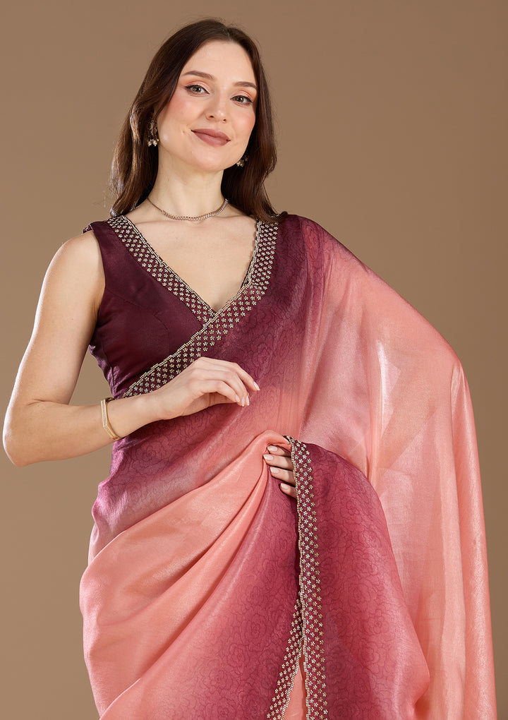 Peach Stonework (Gold) Organza Saree