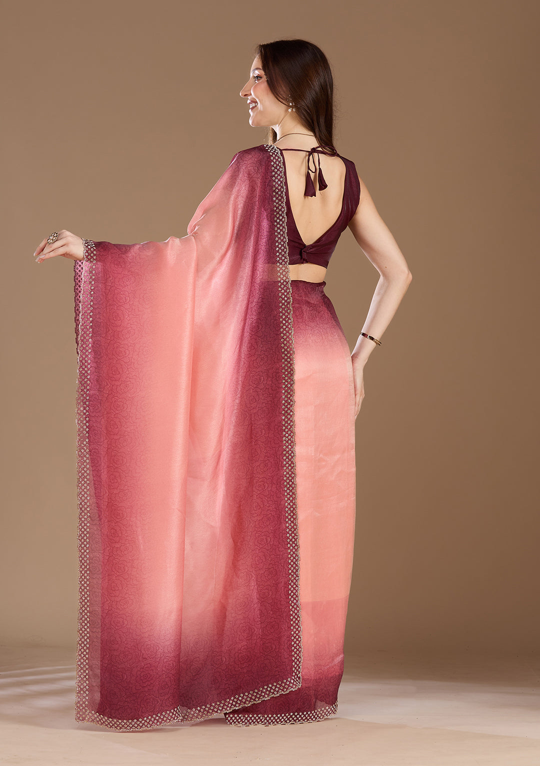 Peach Stonework (Gold) Organza Saree