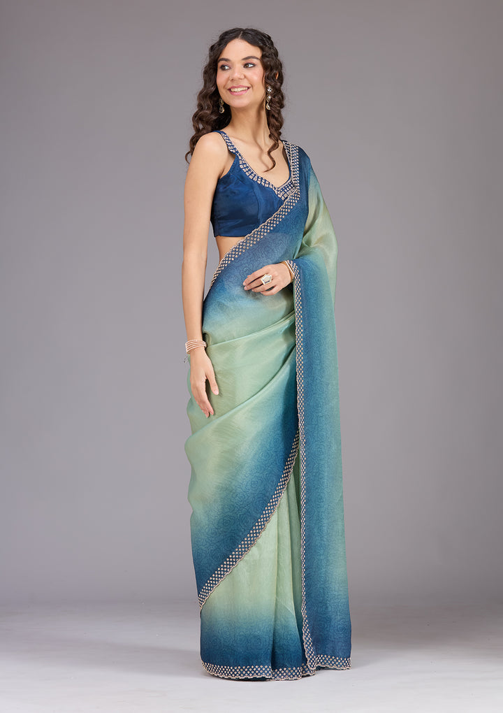 Pista Green Stonework (Gold) Organza Saree