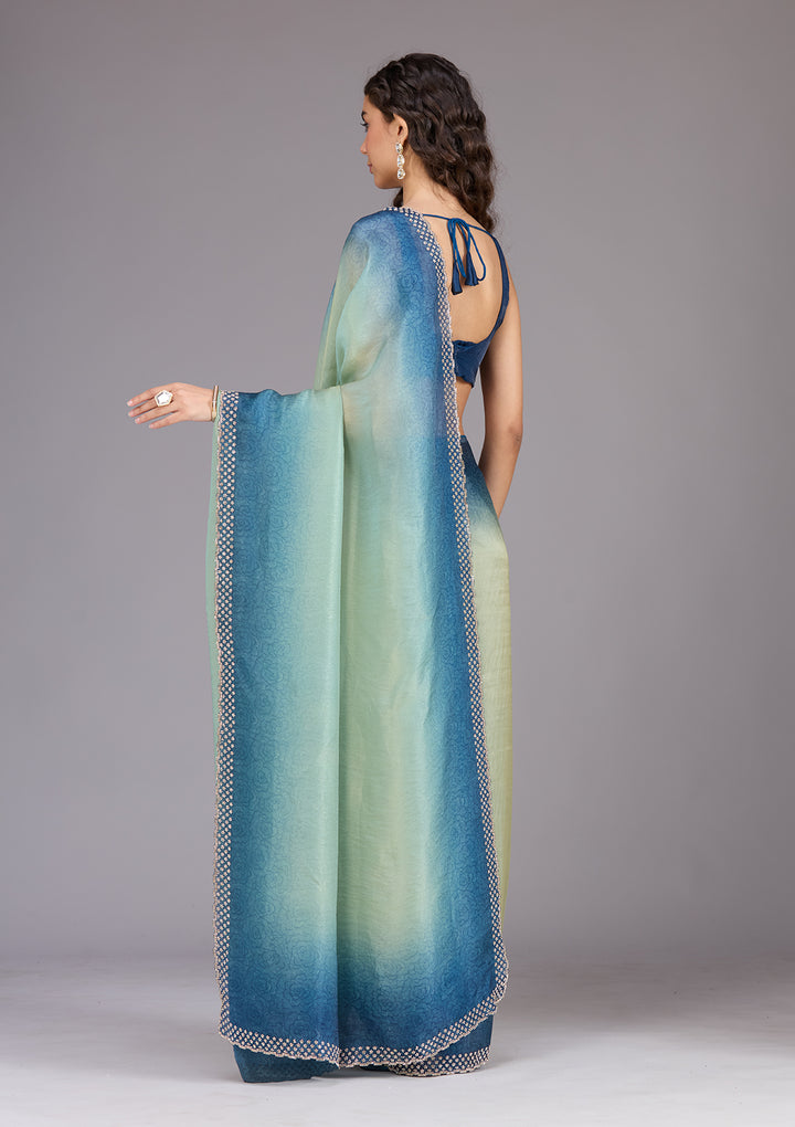 Pista Green Stonework (Gold) Organza Saree