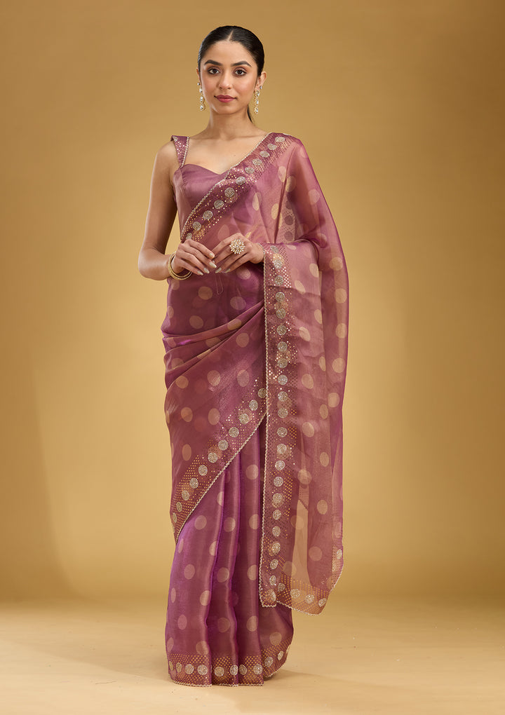 Onion Pink Stonework (Gold) Tissue Saree