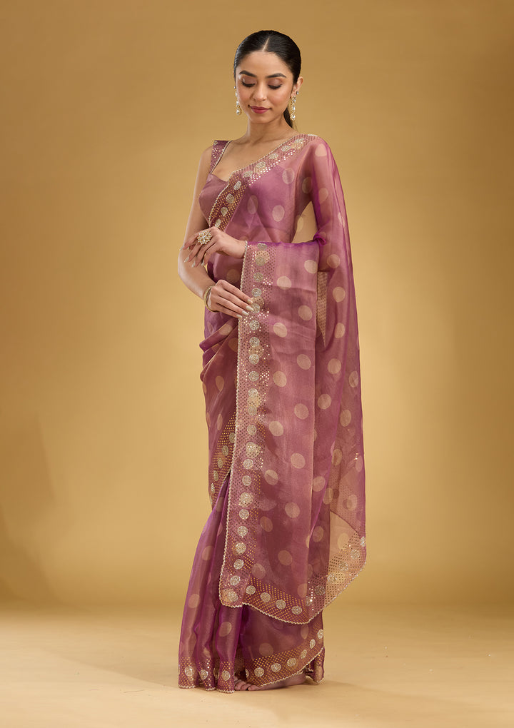 Onion Pink Stonework (Gold) Tissue Saree