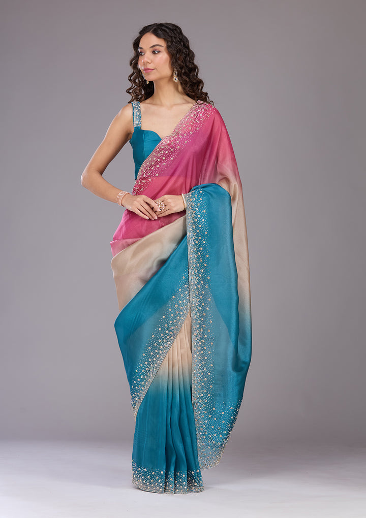 Rani Pink Stonework (Gold) Tissue Saree