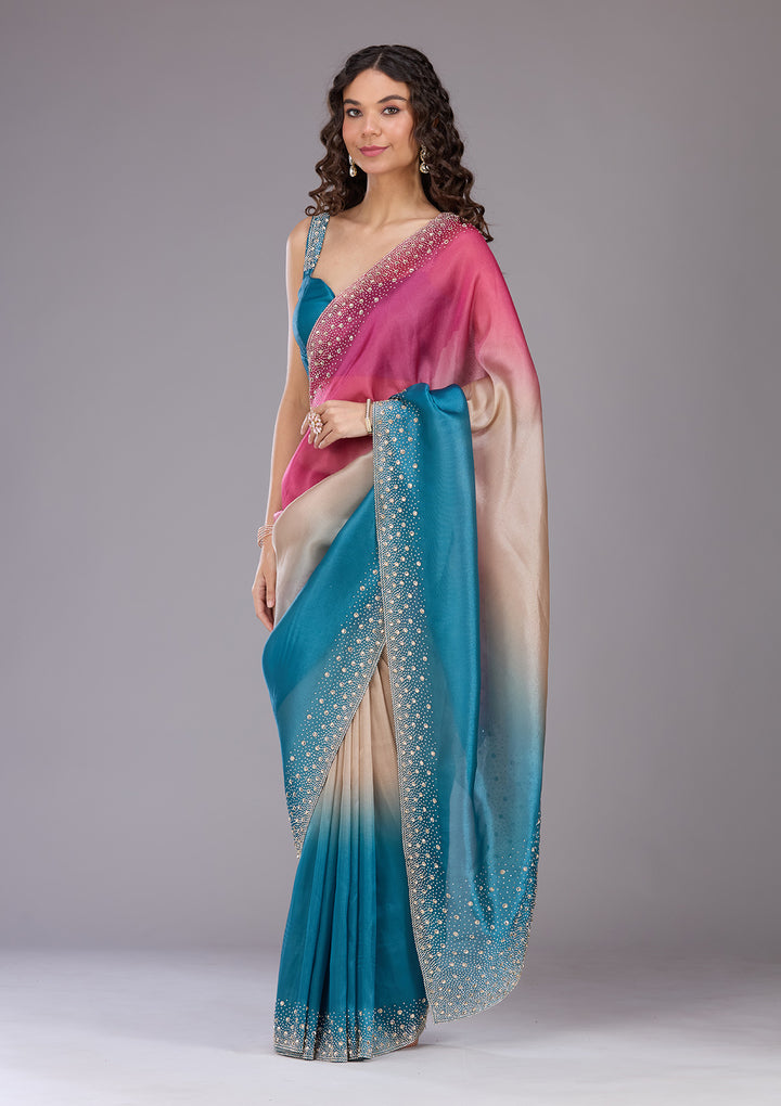 Rani Pink Stonework (Gold) Tissue Saree