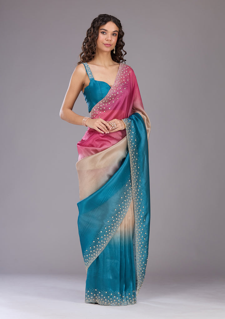 Rani Pink Stonework (Gold) Tissue Saree