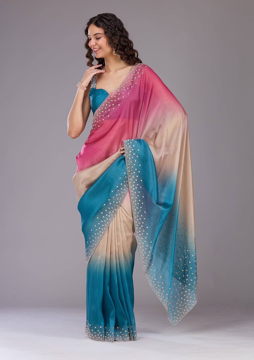 Rani Pink Stonework (Gold) Tissue Saree