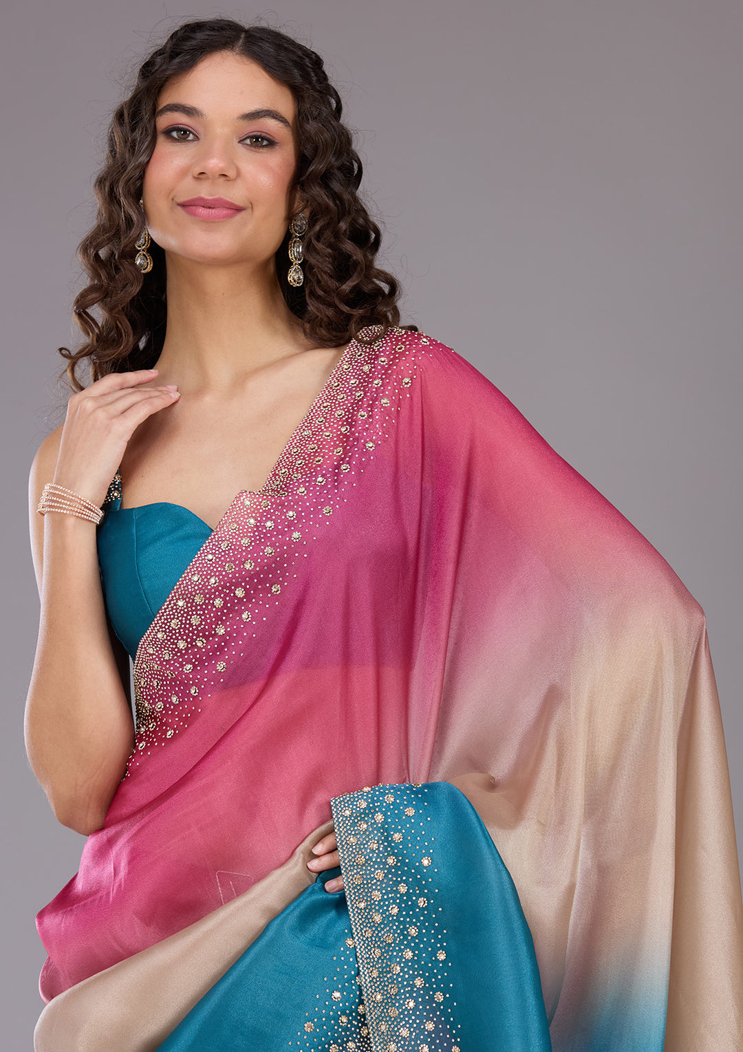 Rani Pink Stonework (Gold) Tissue Saree