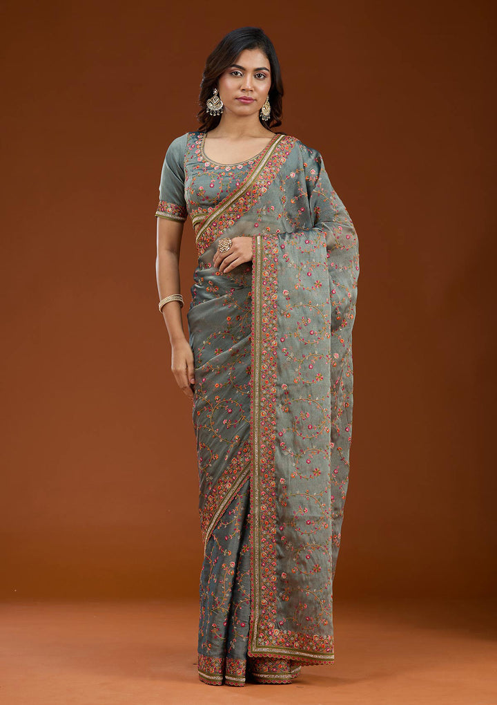 Grey Threadwork Tissue Saree