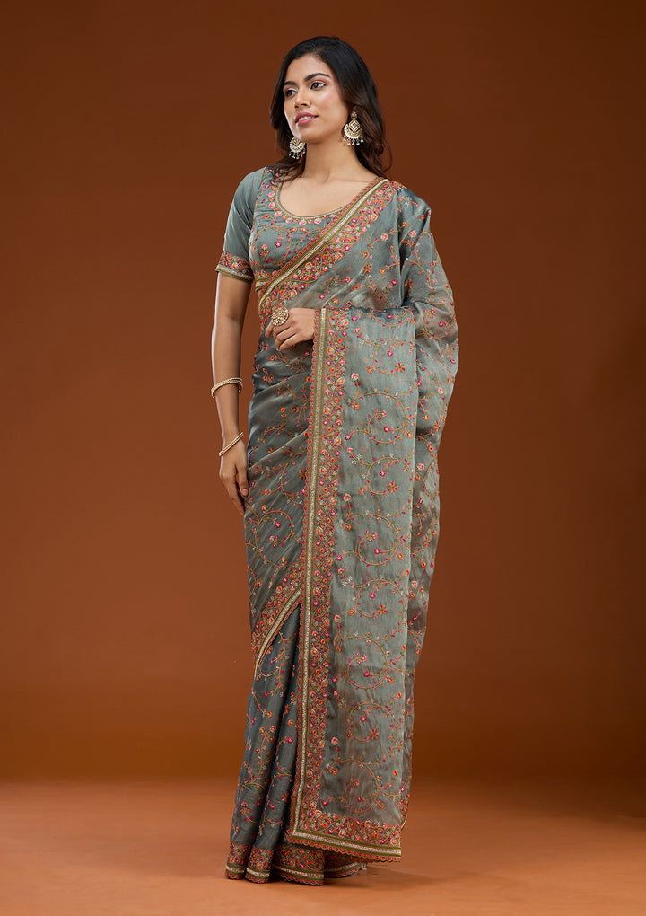 Grey Threadwork Tissue Saree