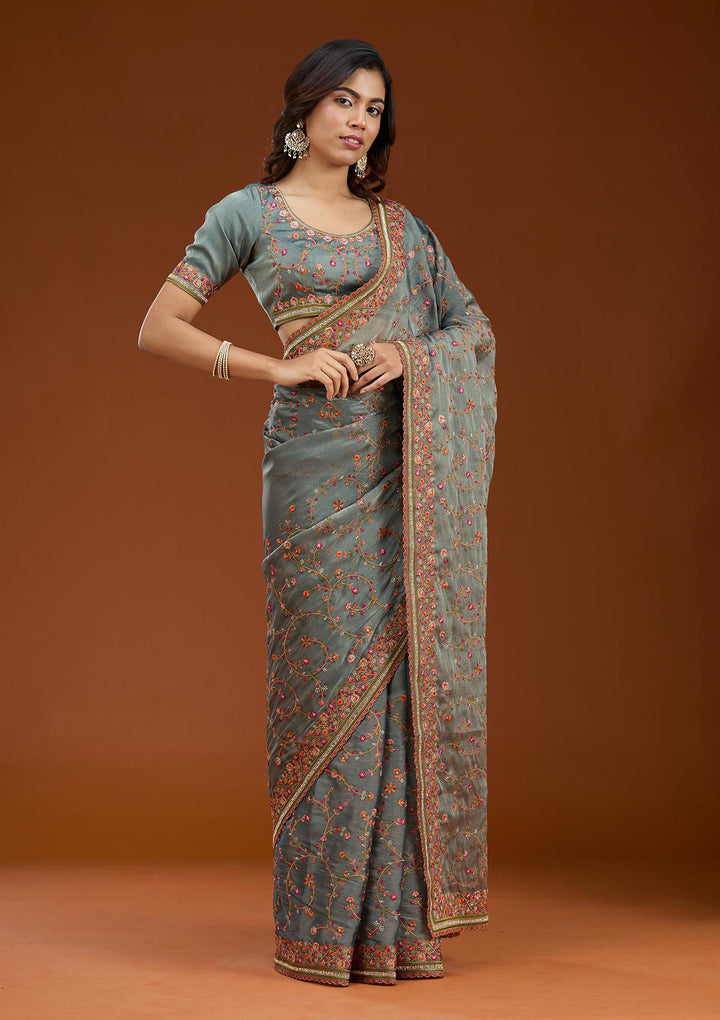 Grey Threadwork Tissue Saree