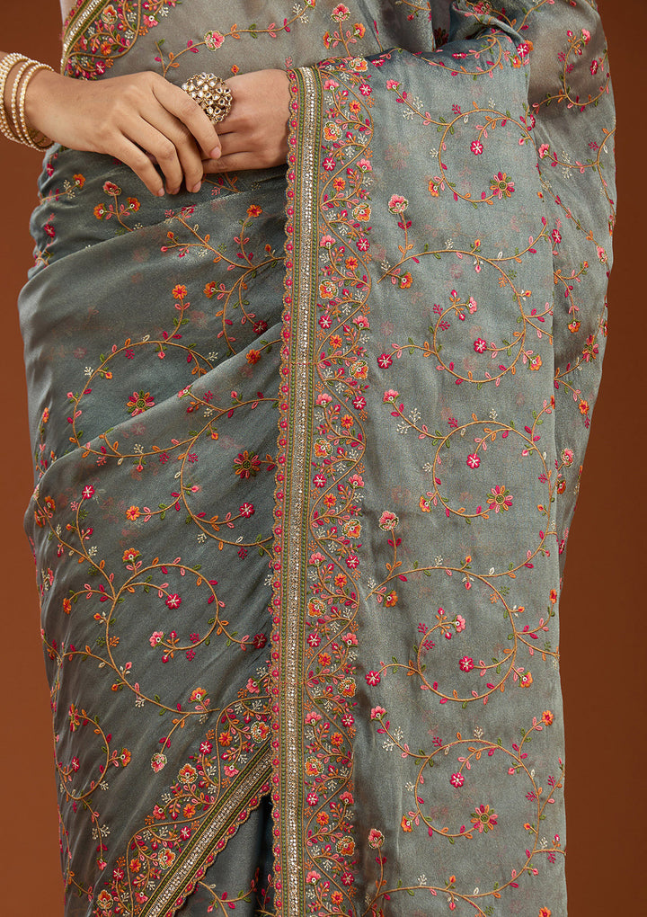Grey Threadwork Tissue Saree