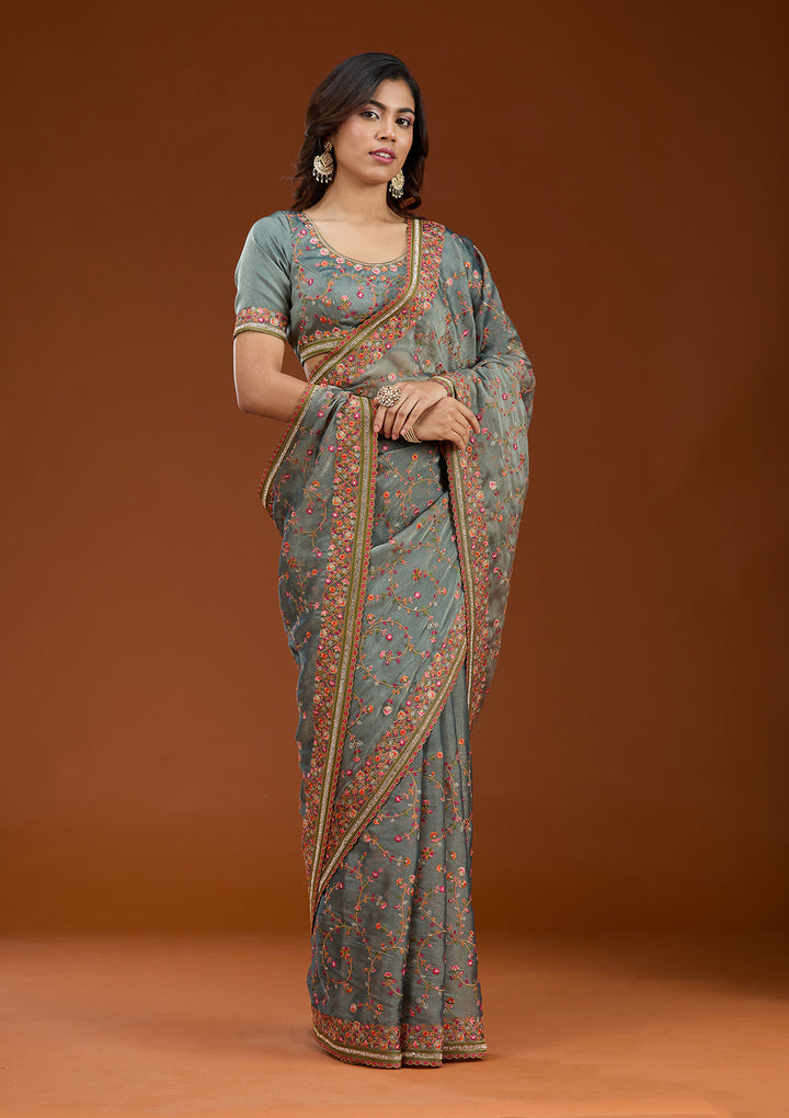 Grey Threadwork Tissue Saree