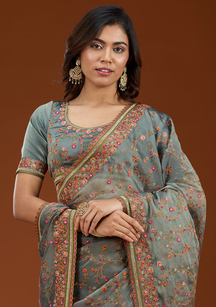Grey Threadwork Tissue Saree