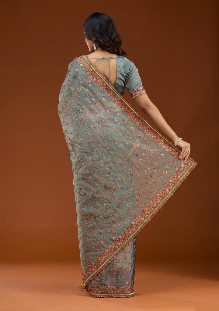 Grey Threadwork Tissue Saree