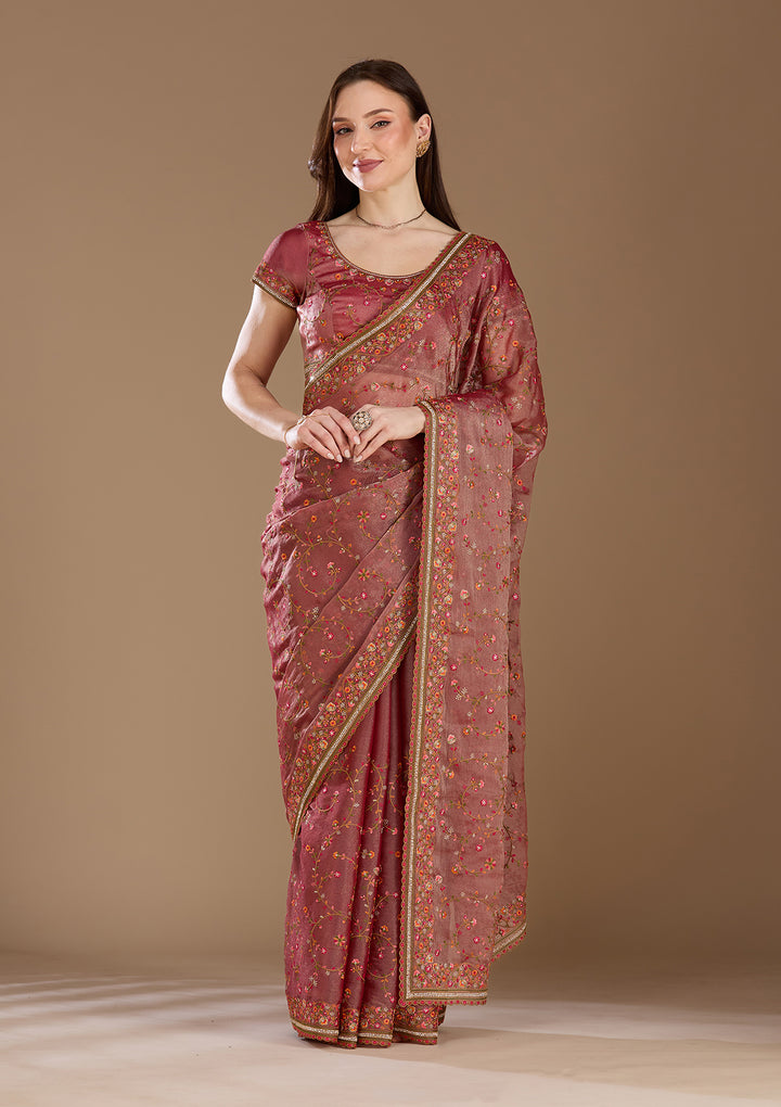 Mauve Threadwork Tissue Saree