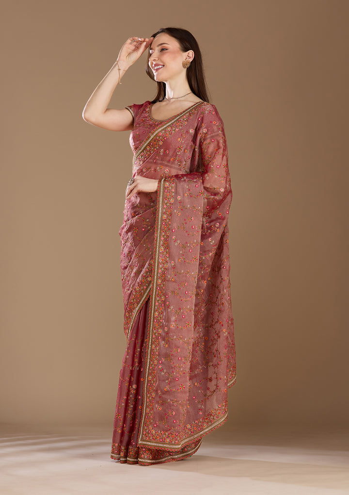 Mauve Threadwork Tissue Saree