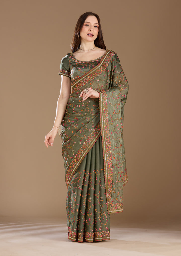 Mehendi Threadwork Tissue Saree