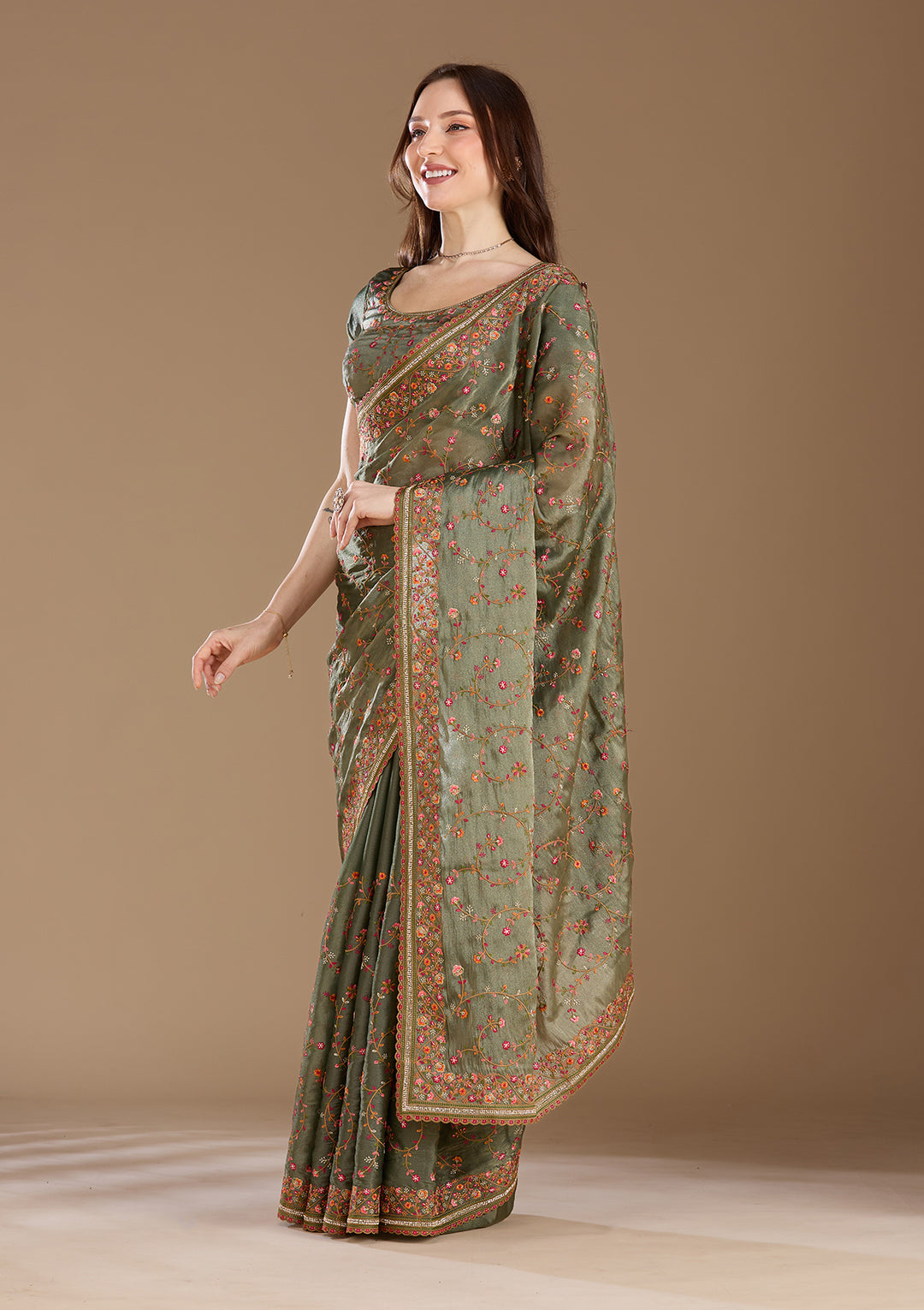 Mehendi Threadwork Tissue Saree