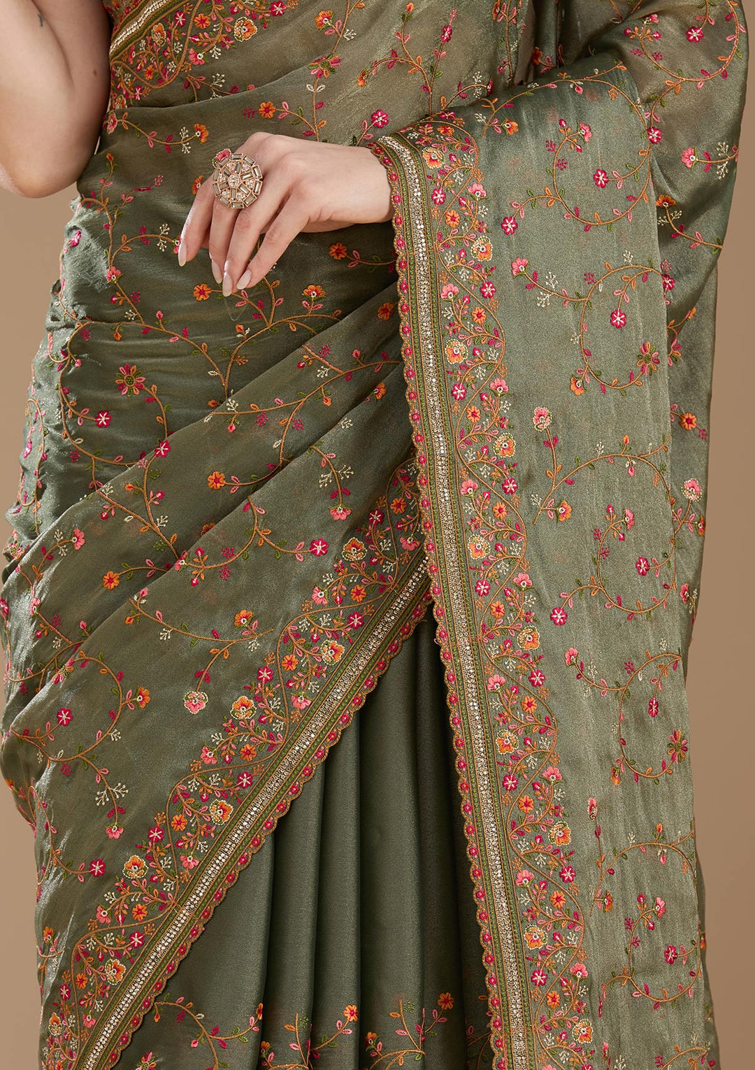 Mehendi Threadwork Tissue Saree