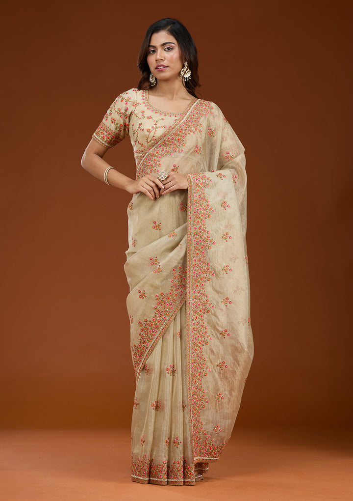 Beige Threadwork Tissue Saree