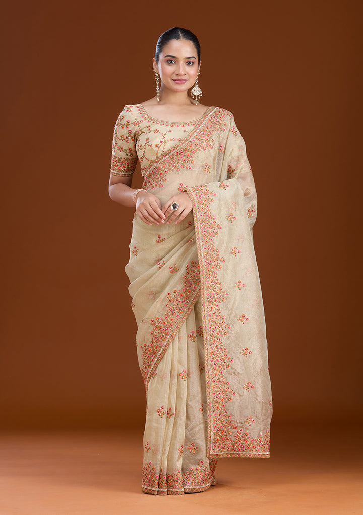 Beige Threadwork Tissue Saree