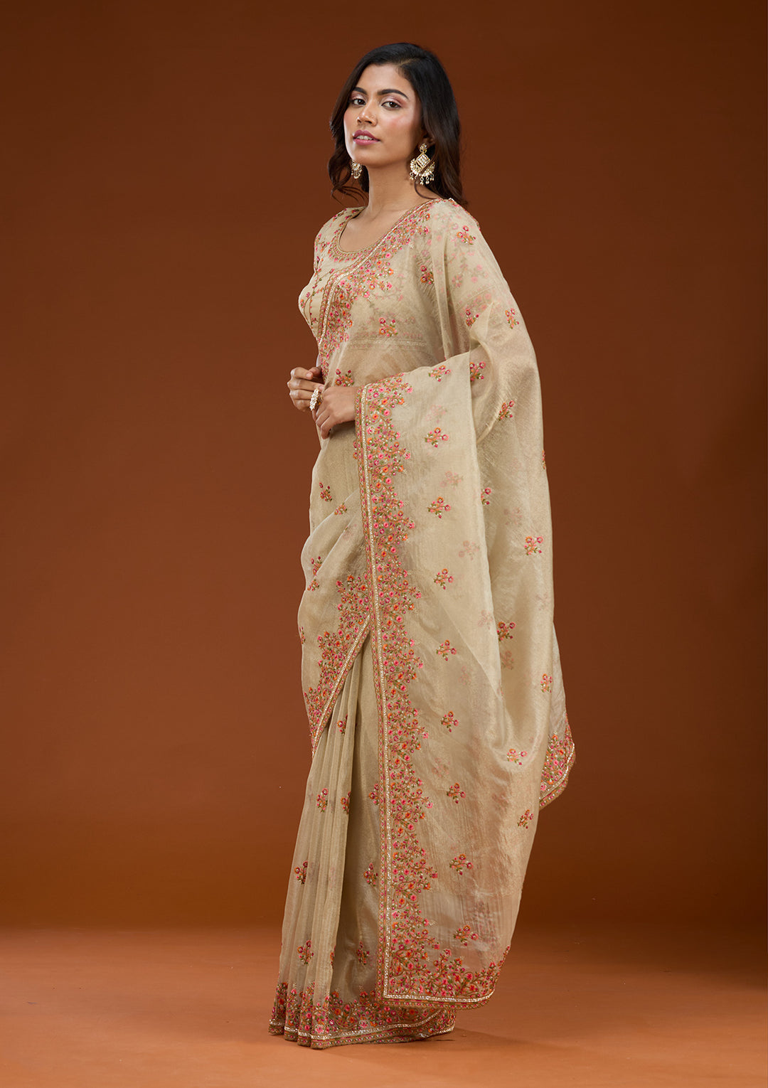 Beige Threadwork Tissue Saree