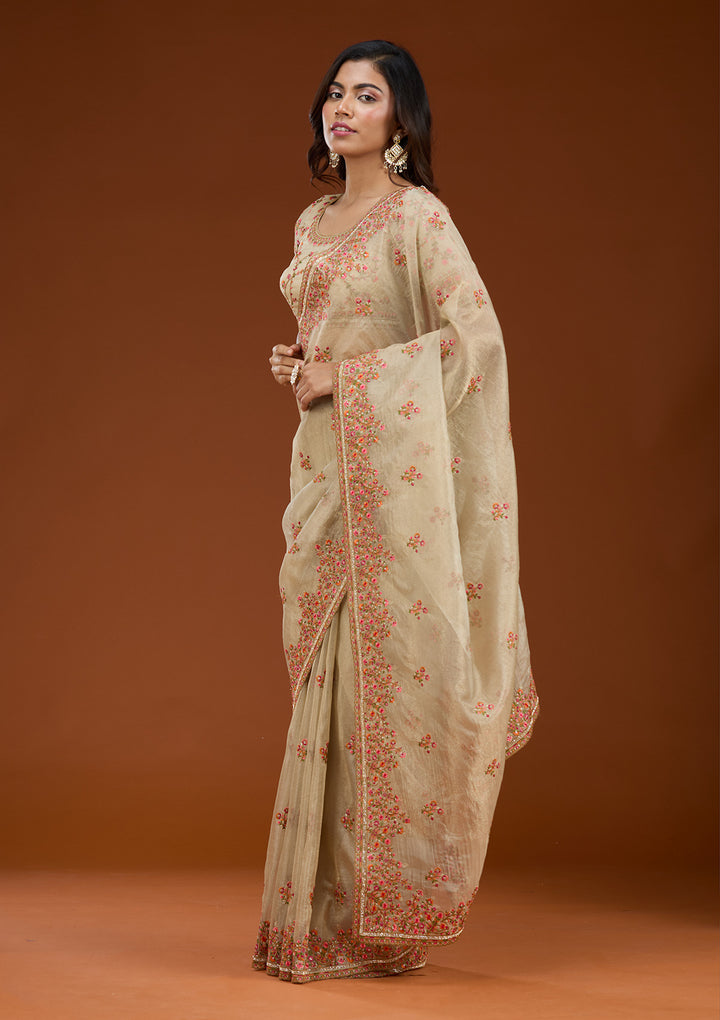 Beige Threadwork Tissue Saree